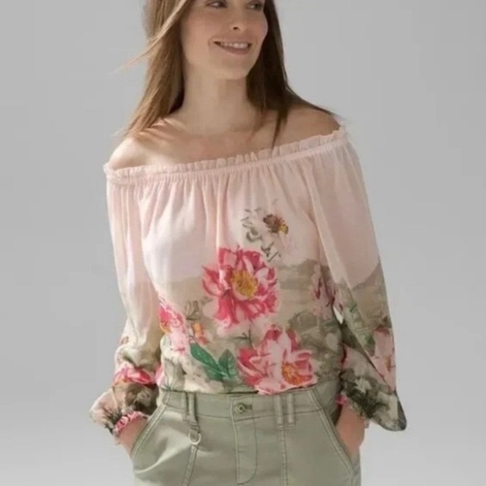 White House Black Market Floral Off-Shoulder Blouse - Pink and Green